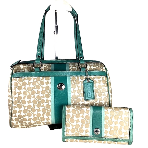 Coach Chelsea Heritage Signature bag set teal Green Tan Cream Purse Satchel - Picture 1 of 17